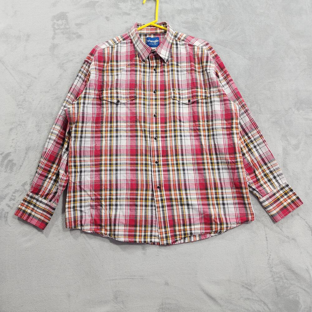 Vintage Wrangler Shirt Mens XL Red Plaid Western Pearl Snap Long Sleeve Cowboy